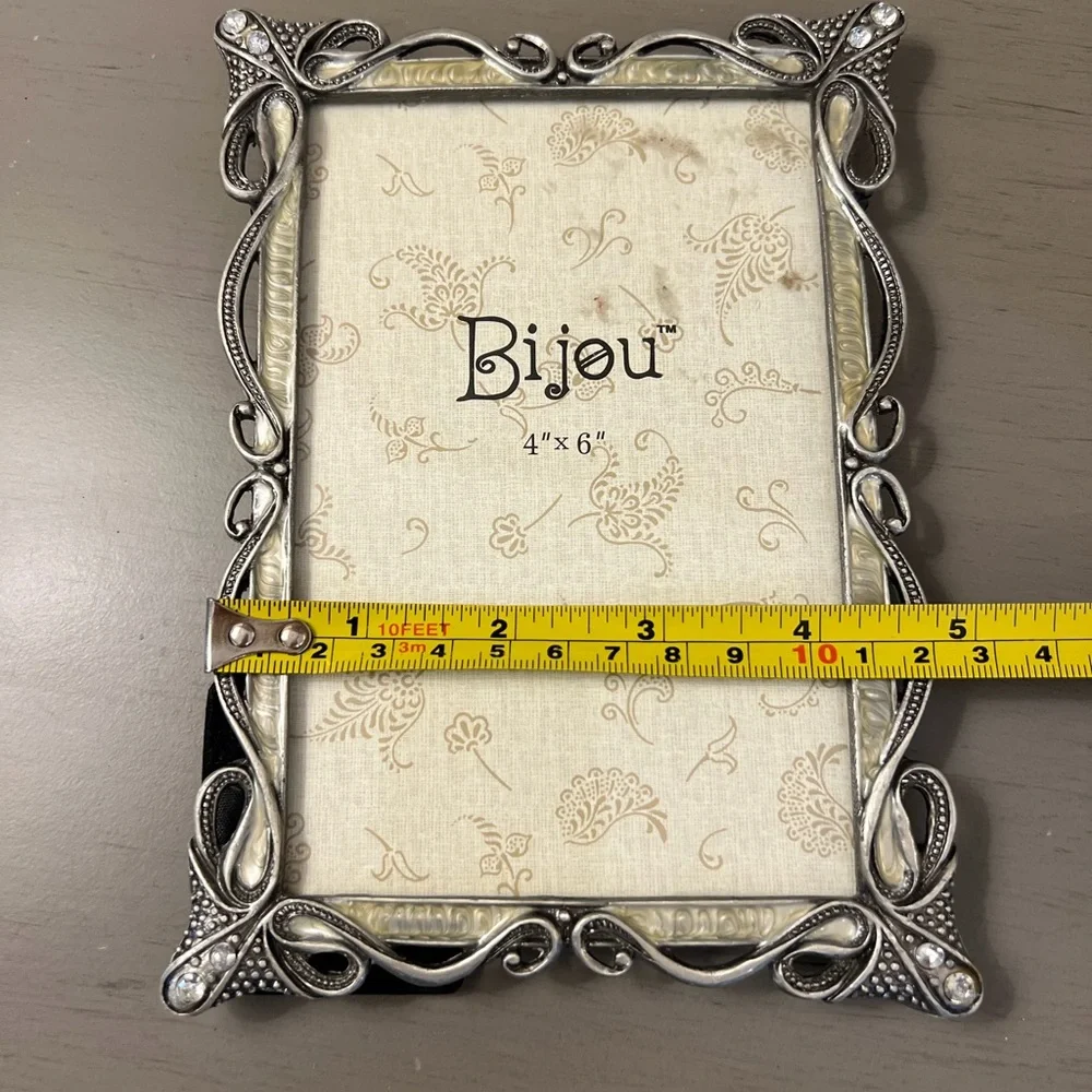 Bijou Jewel Embellished Picture Frame Silver Metal 4x6” Photo Wedding Scroll